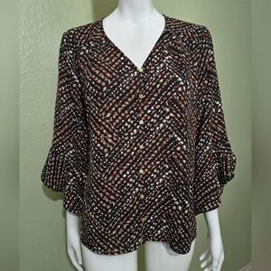 Investments Black and Brown Printed V-Neck Button Blouse